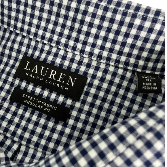 Lauren Ralph Lauren Mens Long Sleeve Regular Fit Navy White Checkered Shirt XL - Picture 3 of 6
